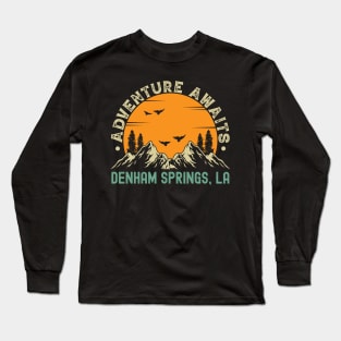 Denham Springs, Louisiana - Adventure Awaits - Denham Springs, LA Vintage Sunset Long Sleeve T-Shirt